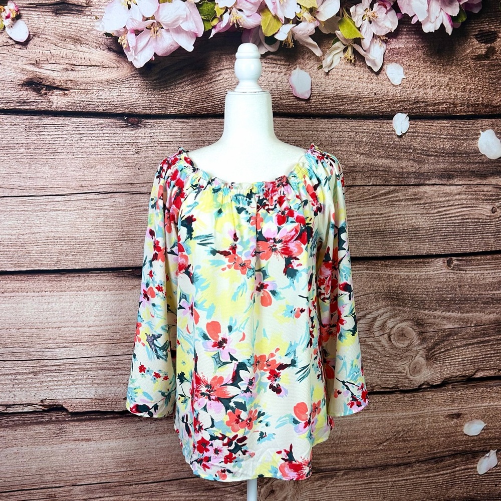 Love Stitch Women’s Multicolored Floral Novelty Print Boat Neck Shirred Tunic